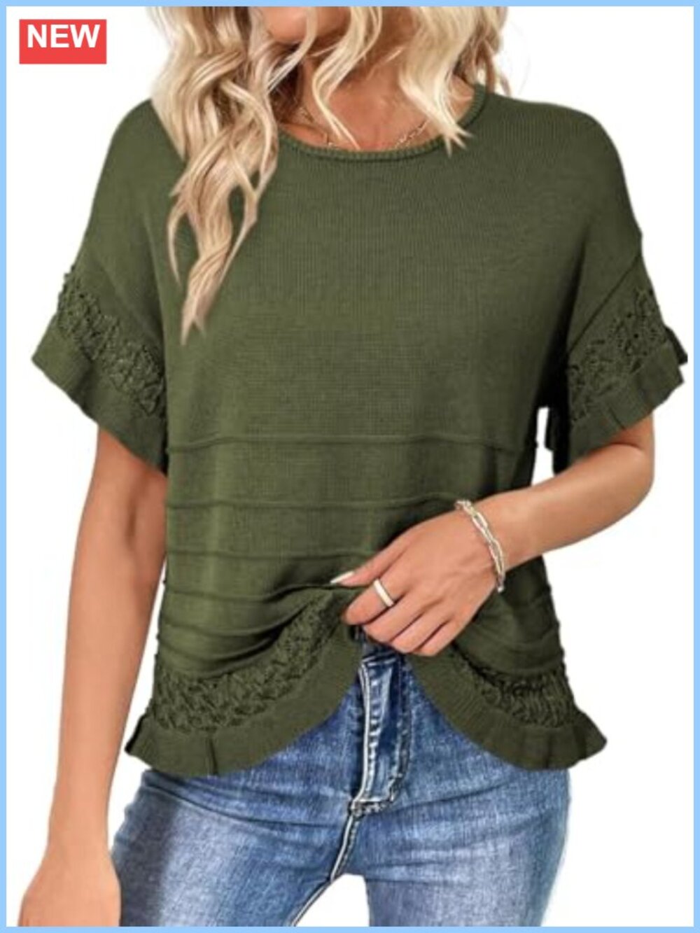 Womens Short Sleeve Knit Pullover Sweater Oversized Ruffled Hem Crochet Blouse